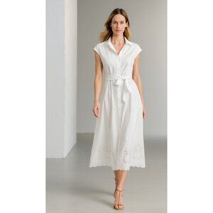 Ellen Tracy White Eyelet Midi Shirt Dress 100% Cotton Button Front Cap Sleeve L